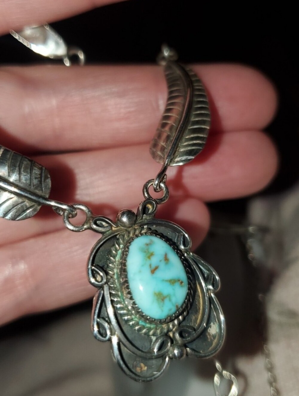 Turquoise & Sterling Silver Vintage Navajo Lucky Feather Necklace